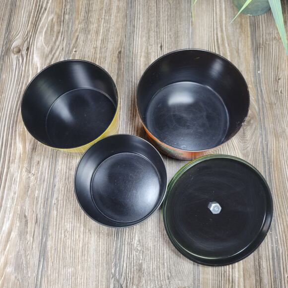 Retro Lacquer Ware Stacking Bowls, Fruit Decor w/Lid - Picture 3 of 4